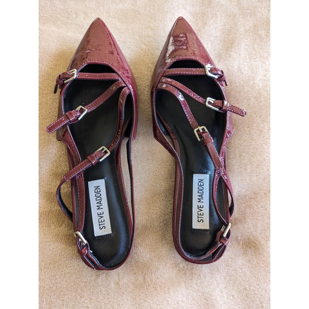 Steve Madden Peony Burgundy Patent Multi Strap Pointed Toe Slingback Flats 7.5M